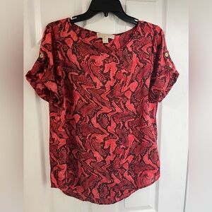 Michael Kors Red Orange Snakeskin Print Short Sleeve Blouse Size Medium